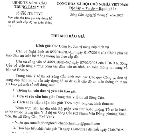 Yêu cầu báo giá xây dựng hồ sơ đề xuất cấp độ an toàn thông tin